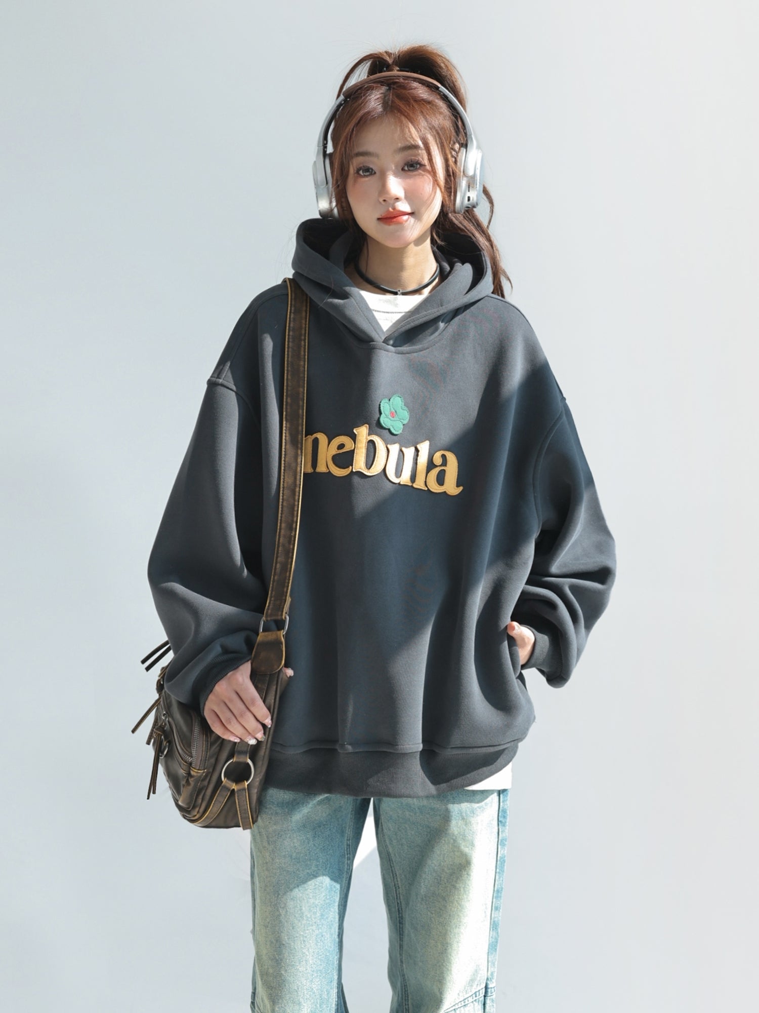 Embroidered Letter Patchwork Hoodie Casual Loose Style