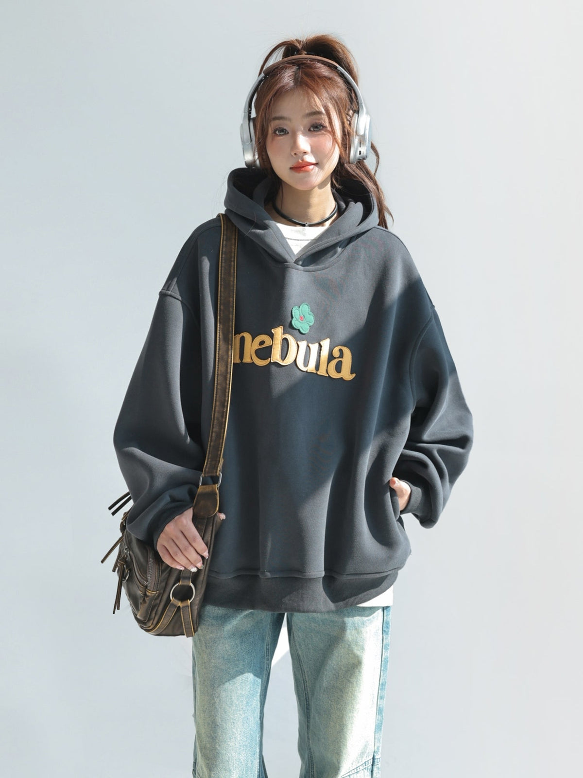 Embroidered Letter Patchwork Hoodie Casual Loose Style