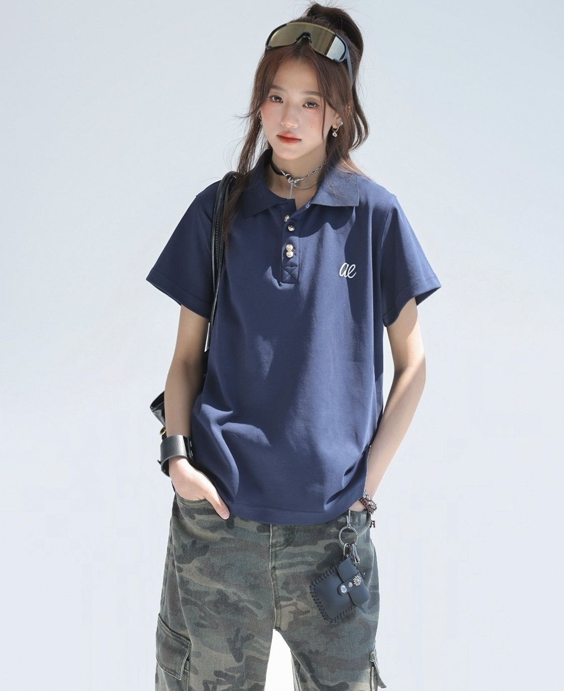 Embroidered Letter Polo Short Sleeve Chic Top