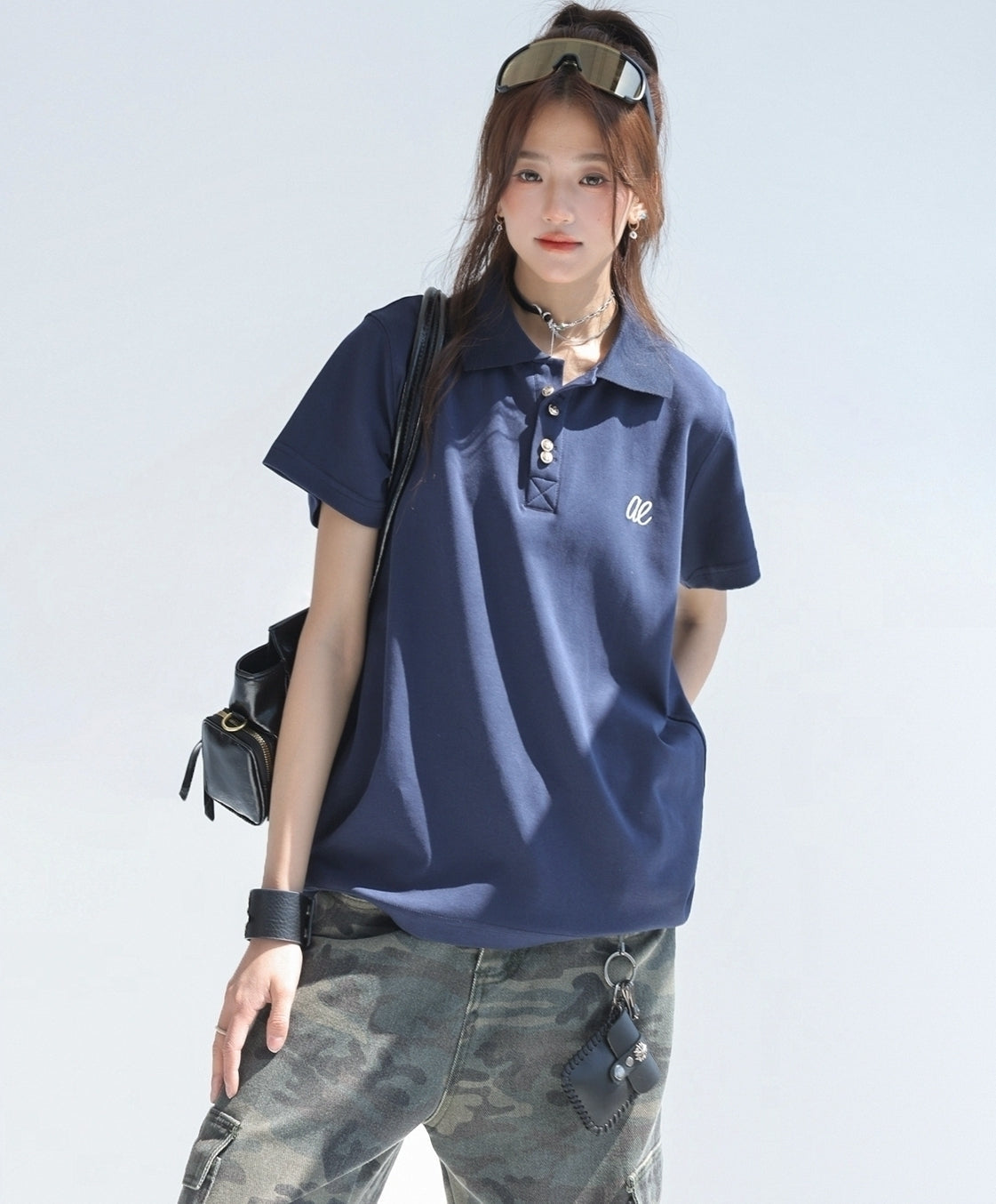 Embroidered Letter Polo Short Sleeve Chic Top