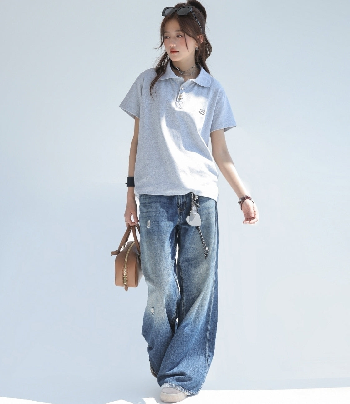 Embroidered Letter Polo Short Sleeve Chic Top