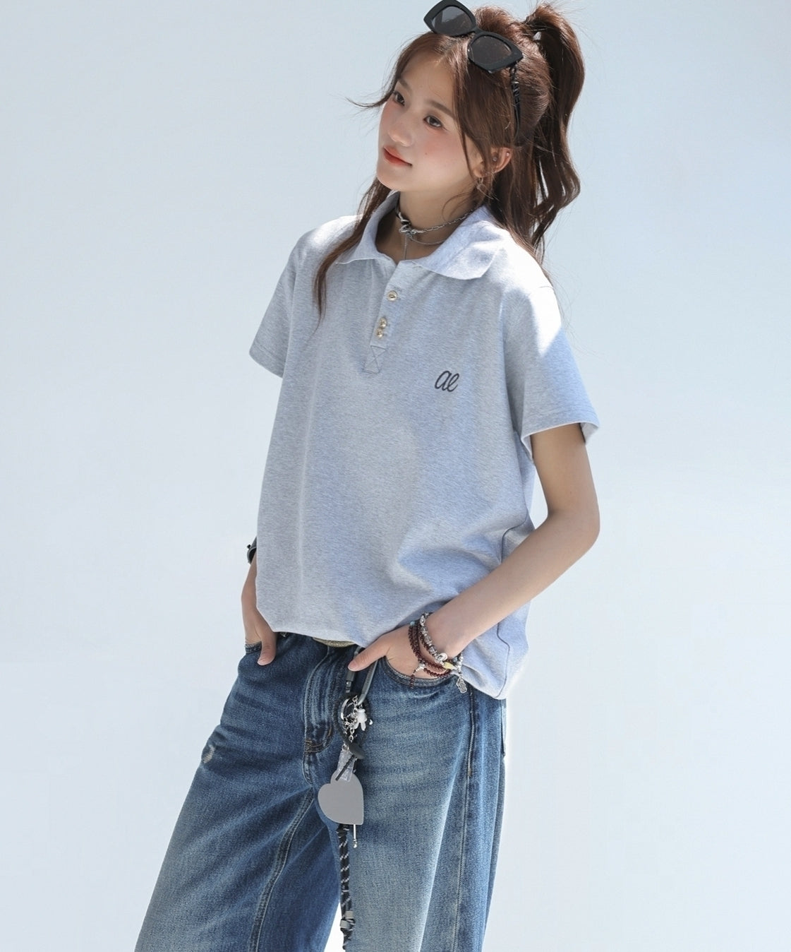 Embroidered Letter Polo Short Sleeve Chic Top