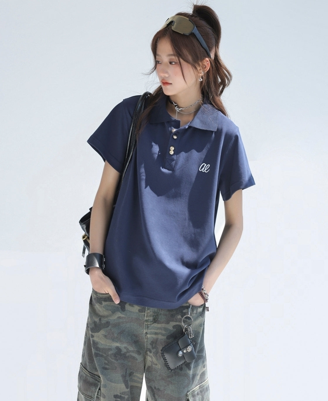 Embroidered Letter Polo Short Sleeve Chic Top