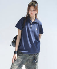 Embroidered Letter Polo Short Sleeve Chic Top