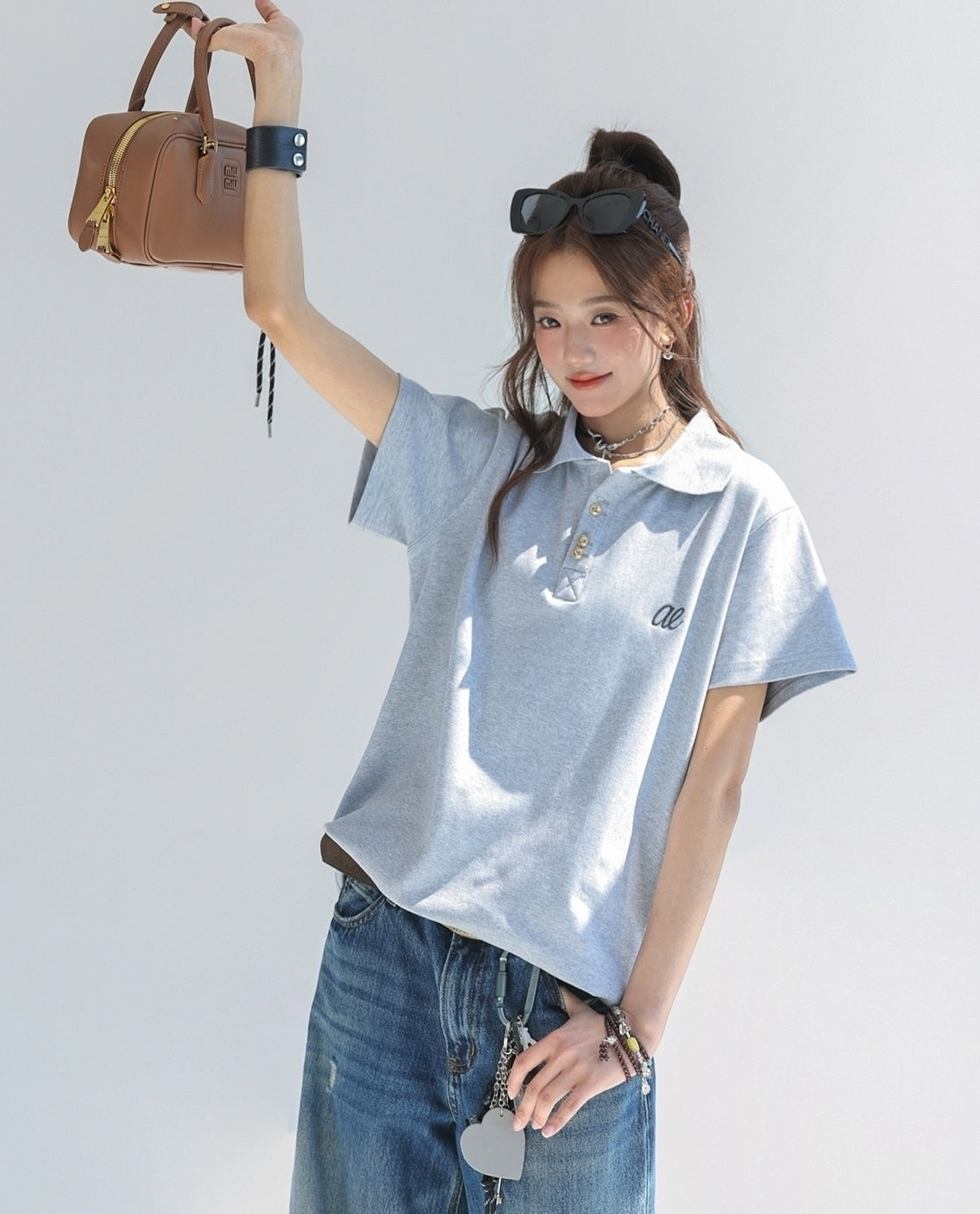 Embroidered Letter Polo Short Sleeve Chic Top