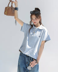 Embroidered Letter Polo Short Sleeve Chic Top