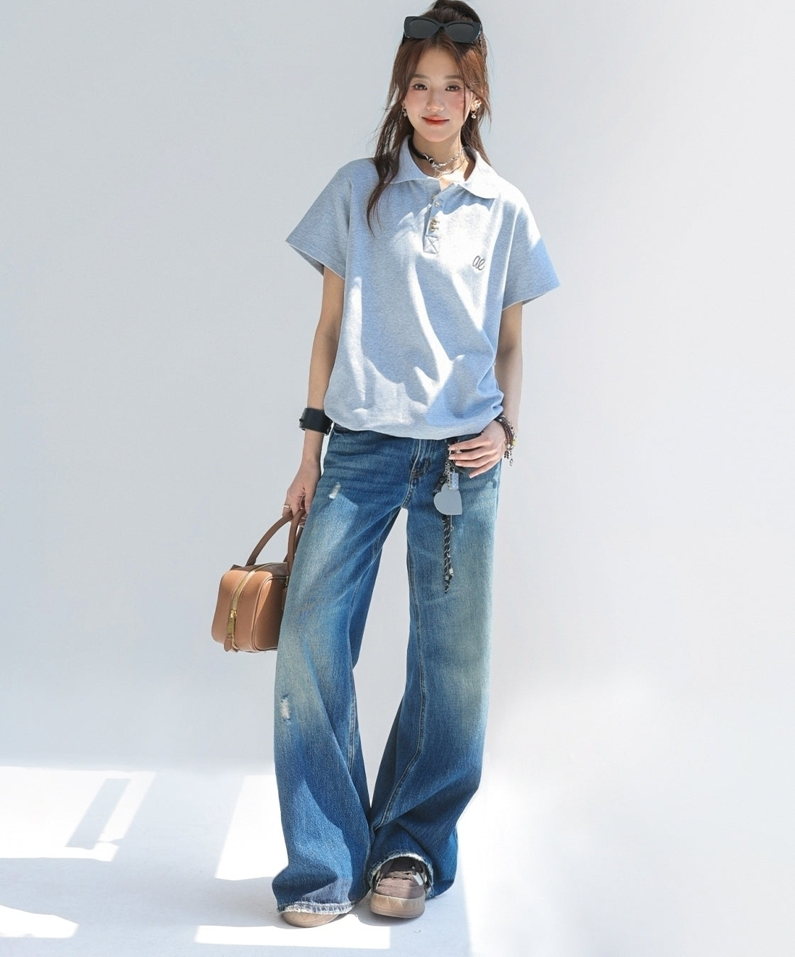 Embroidered Letter Polo Short Sleeve Chic Top