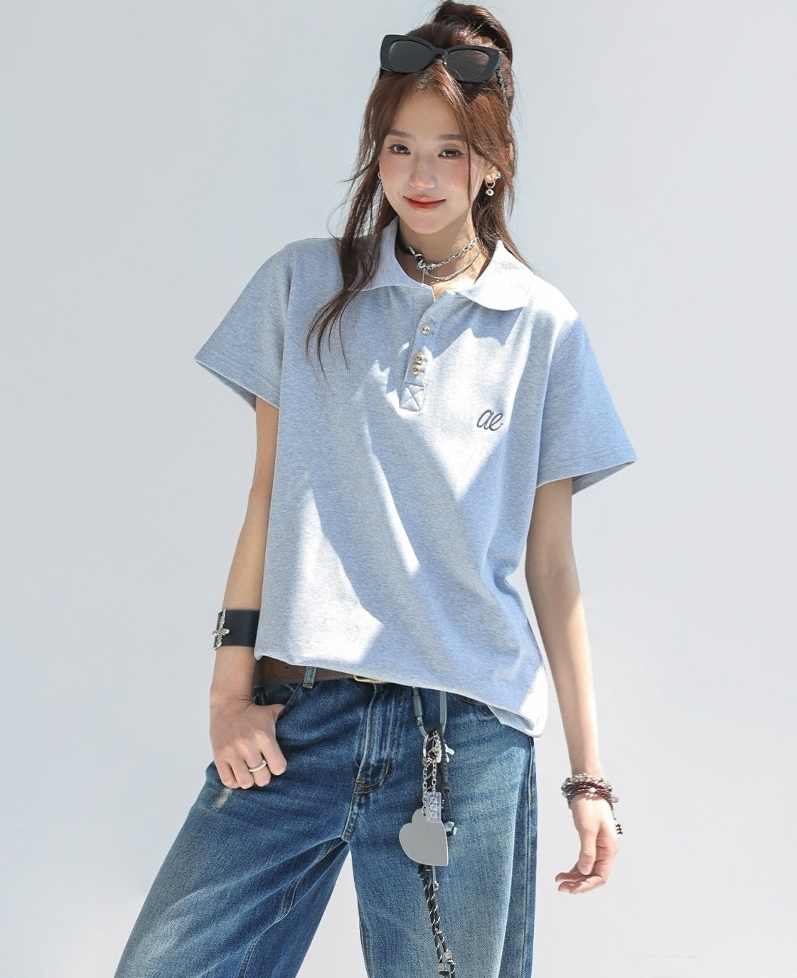 Embroidered Letter Polo Short Sleeve Chic Top