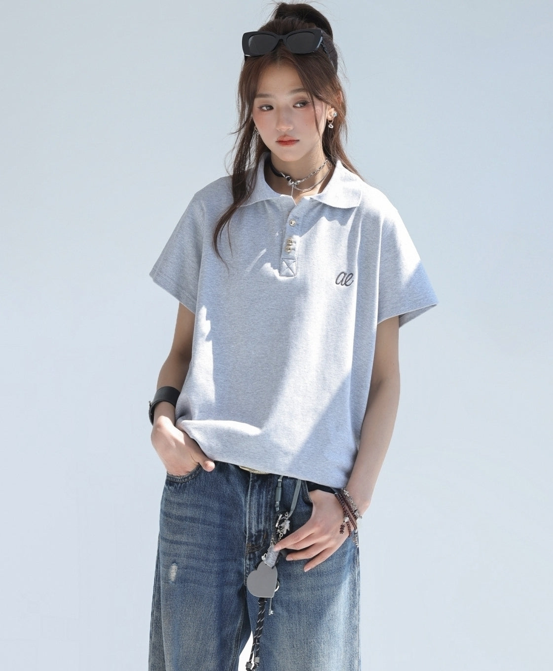 Embroidered Letter Polo Short Sleeve Chic Top