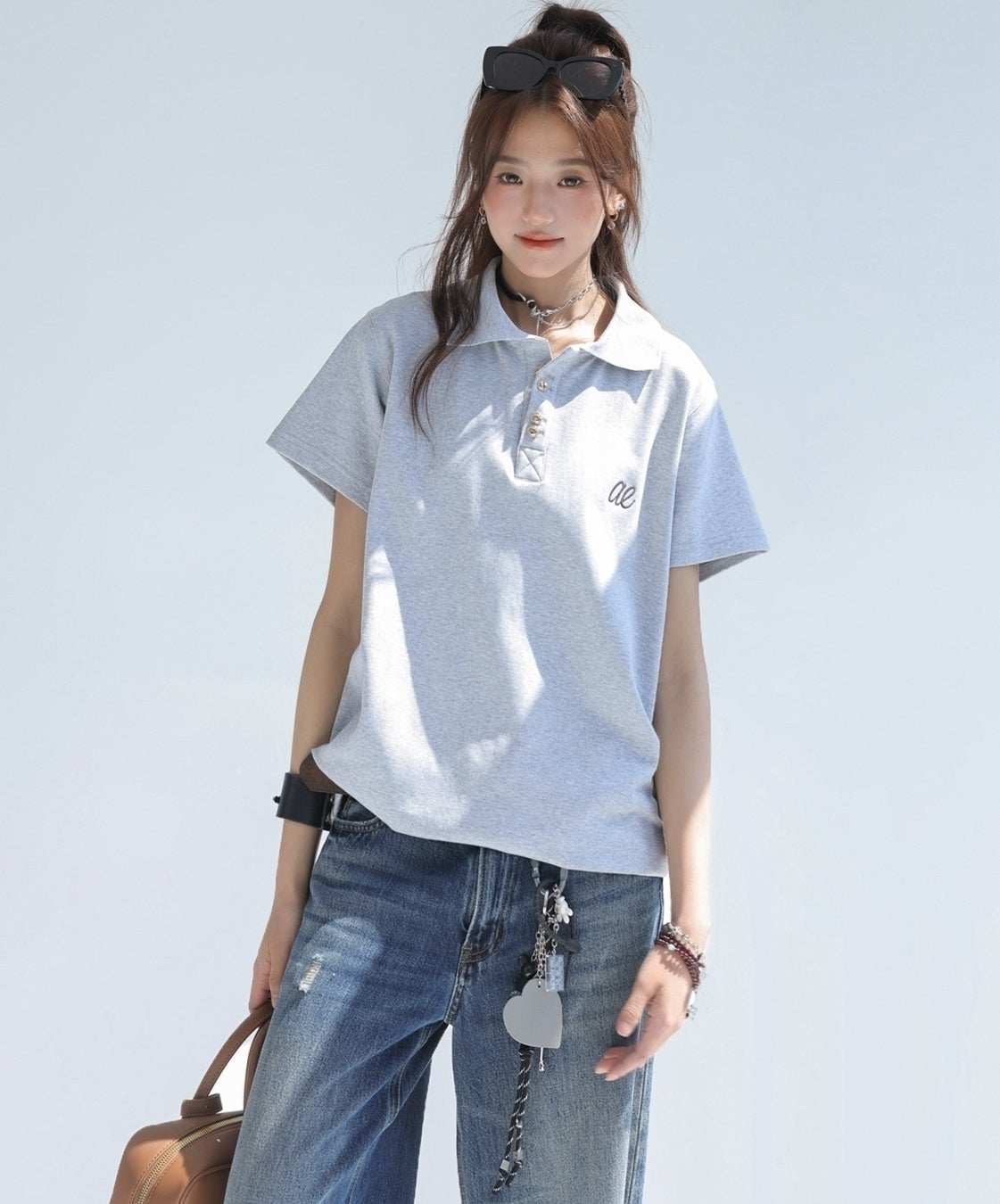 Embroidered Letter Polo Short Sleeve Chic Top