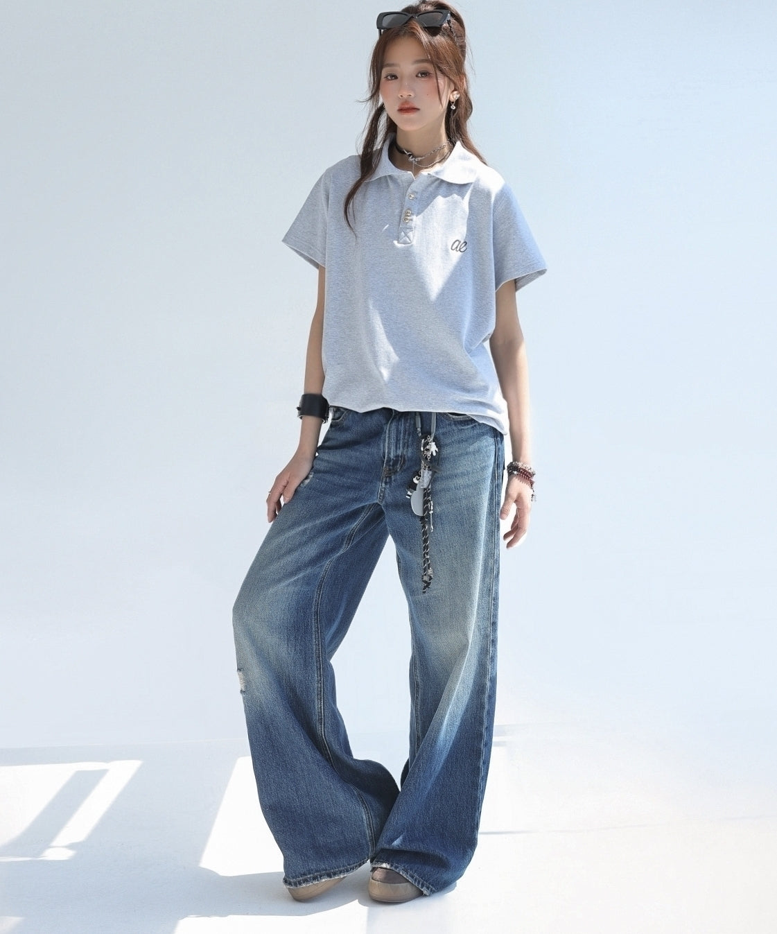 Embroidered Letter Polo Short Sleeve Chic Top