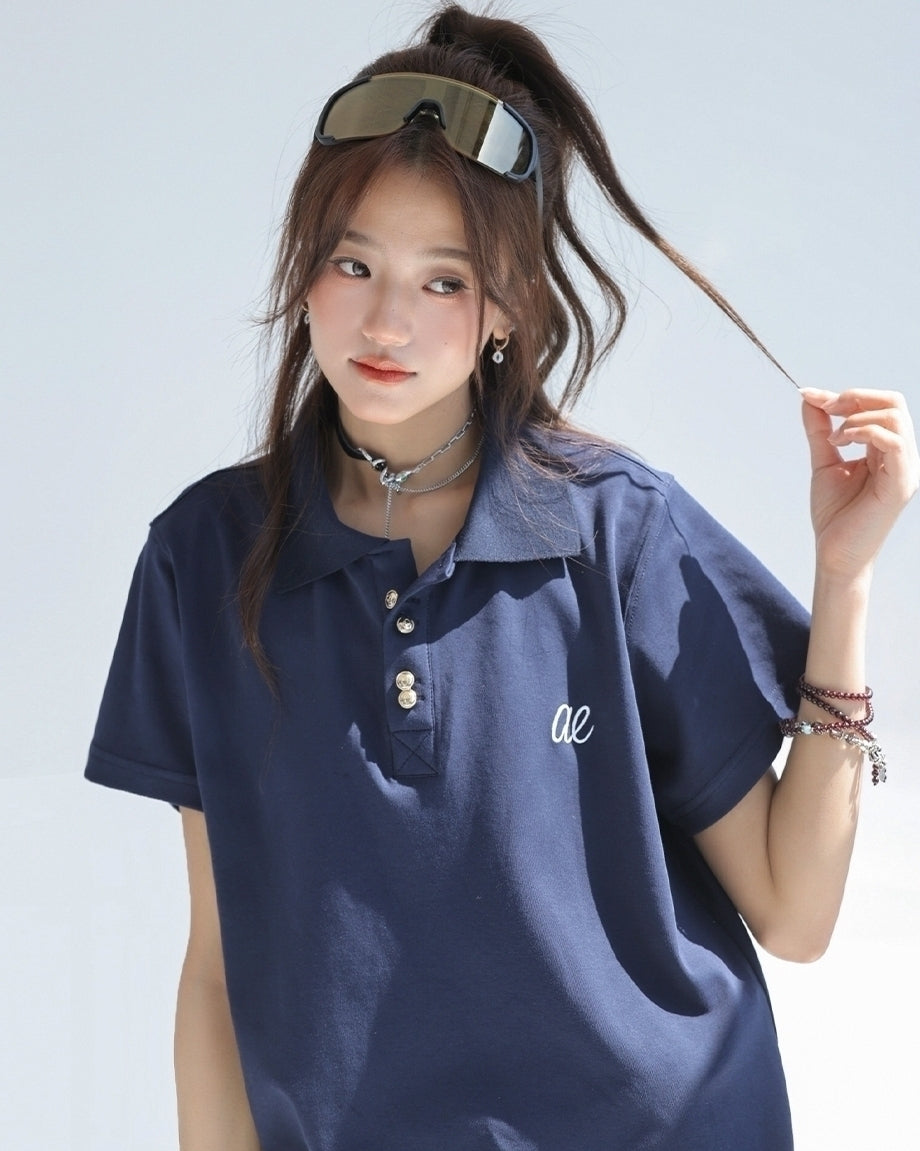 Embroidered Letter Polo Short Sleeve Chic Top