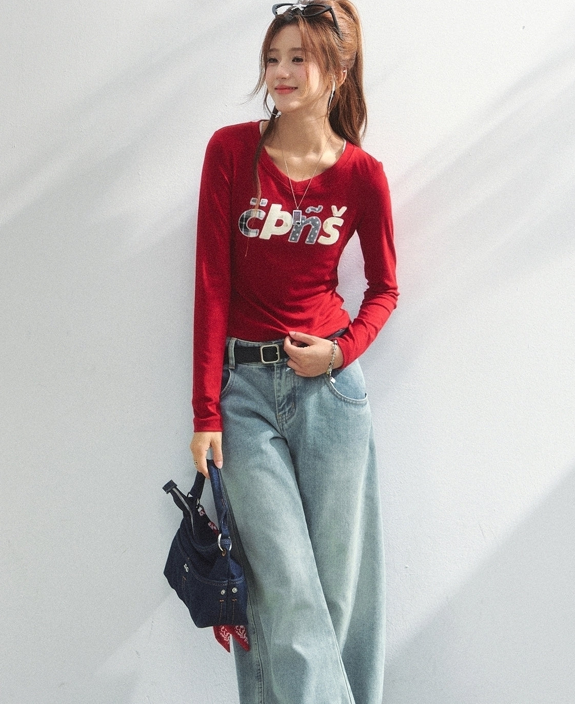 Embroidered Letter V Neck Autumn Top