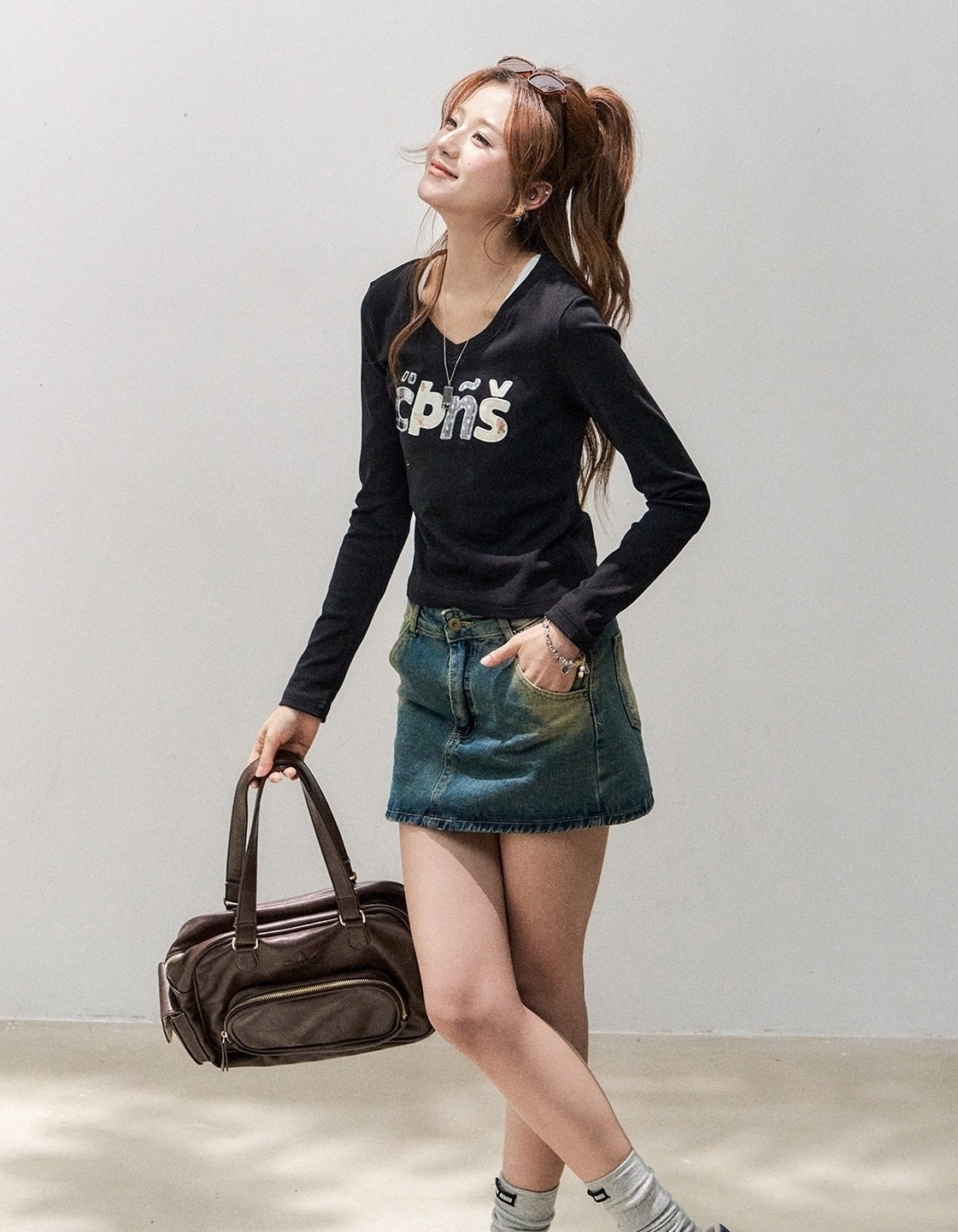 Embroidered Letter V Neck Autumn Top