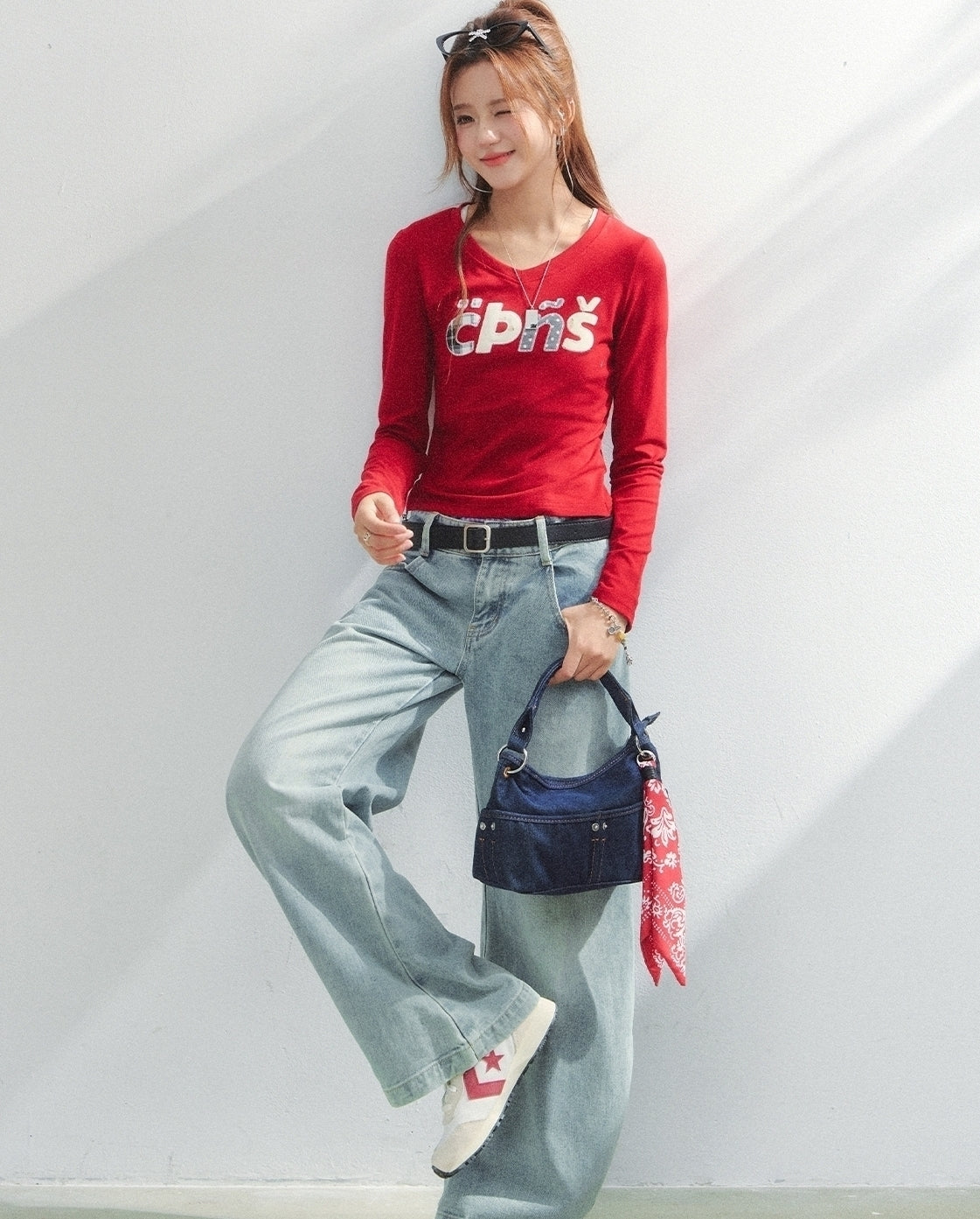 Embroidered Letter V Neck Autumn Top