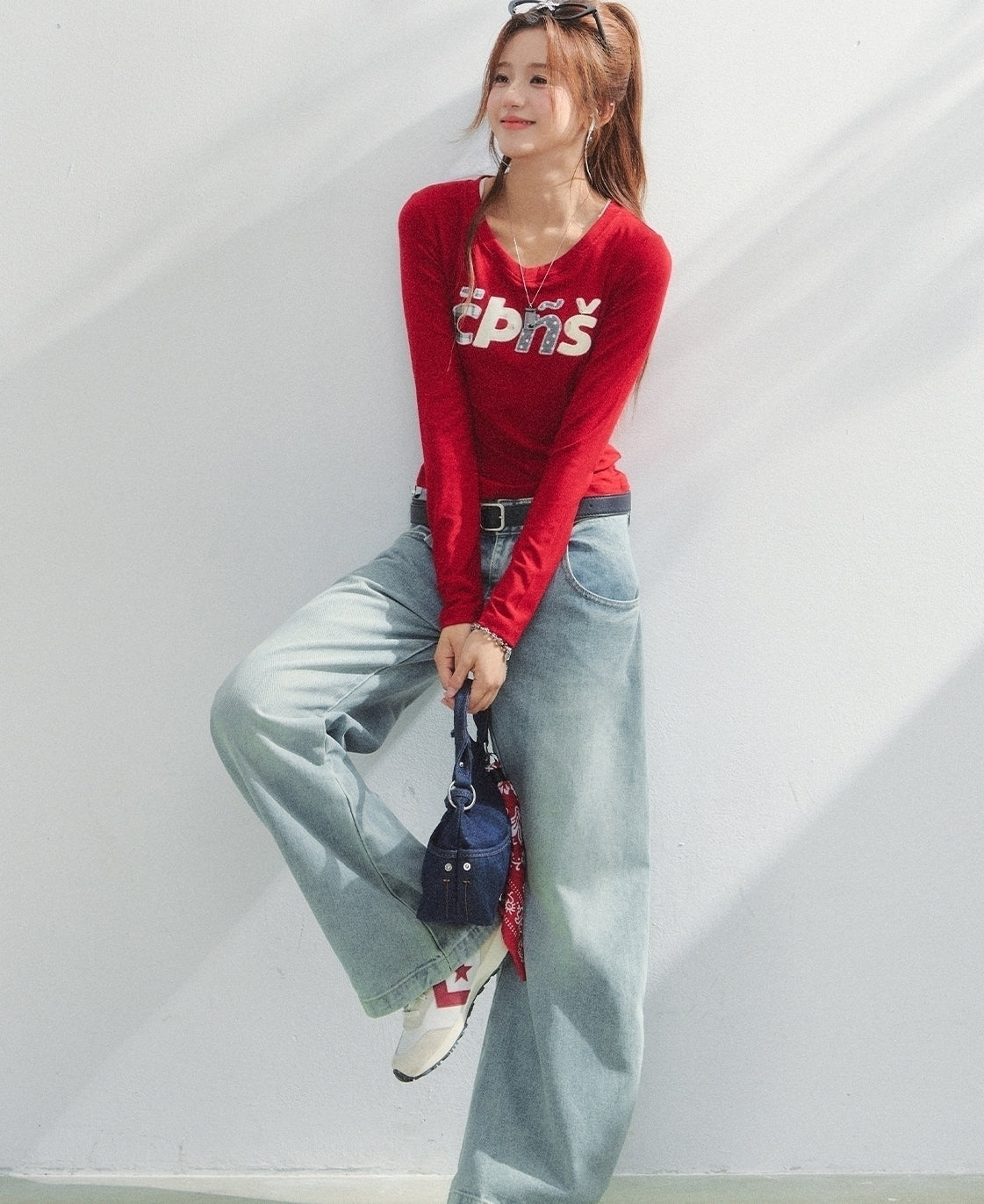 Embroidered Letter V Neck Autumn Top