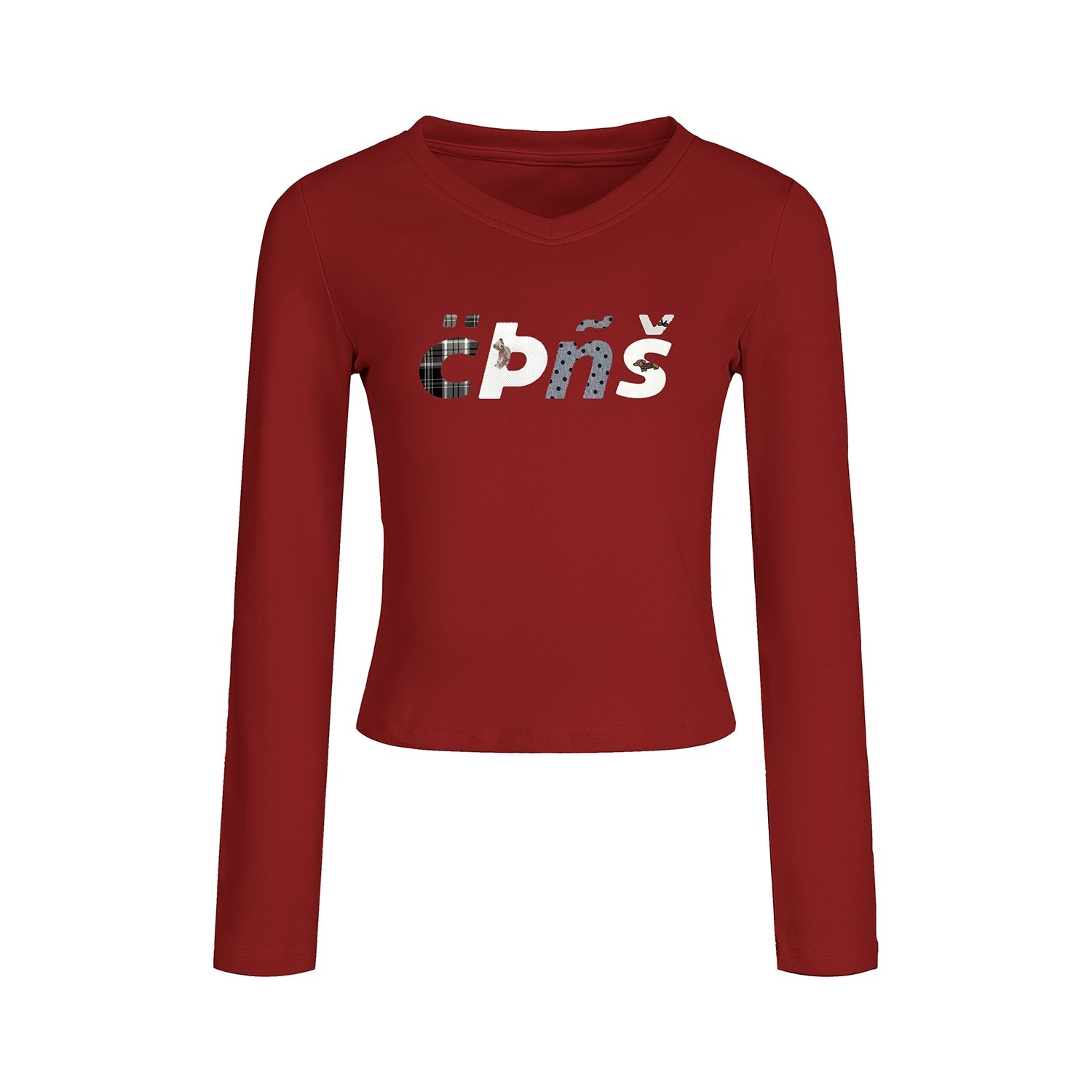 Embroidered Letter V Neck Autumn Top