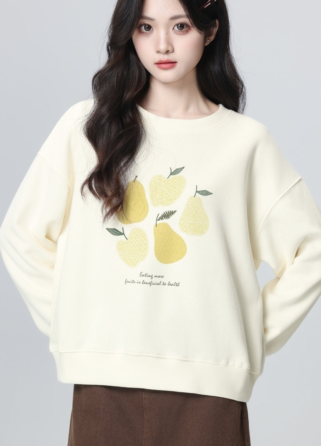 Plaid Trim Sleeve Crewneck Lemon Pullover Sweatshirt