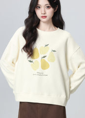 Plaid Trim Sleeve Crewneck Lemon Pullover Sweatshirt