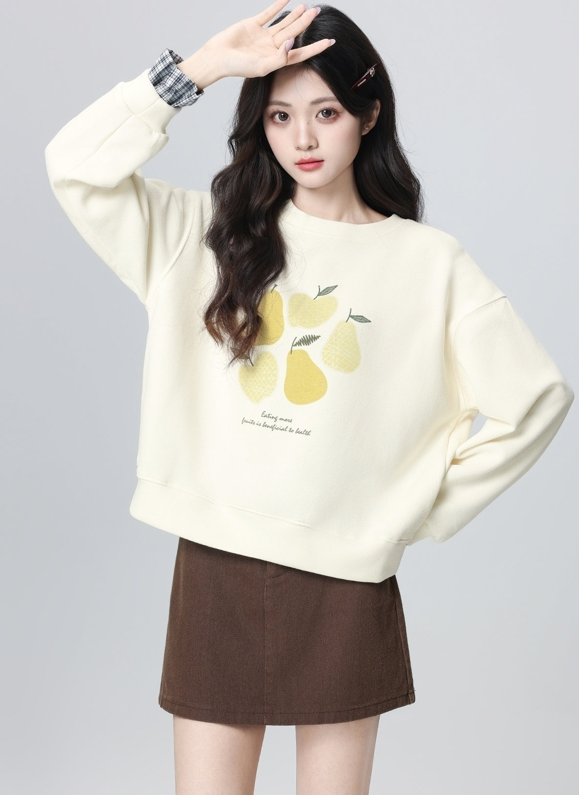 Plaid Trim Sleeve Crewneck Lemon Pullover Sweatshirt