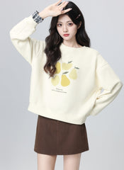 Plaid Trim Sleeve Crewneck Lemon Pullover Sweatshirt