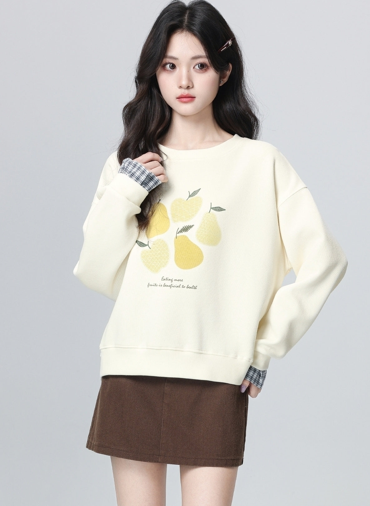 Plaid Trim Sleeve Crewneck Lemon Pullover Sweatshirt