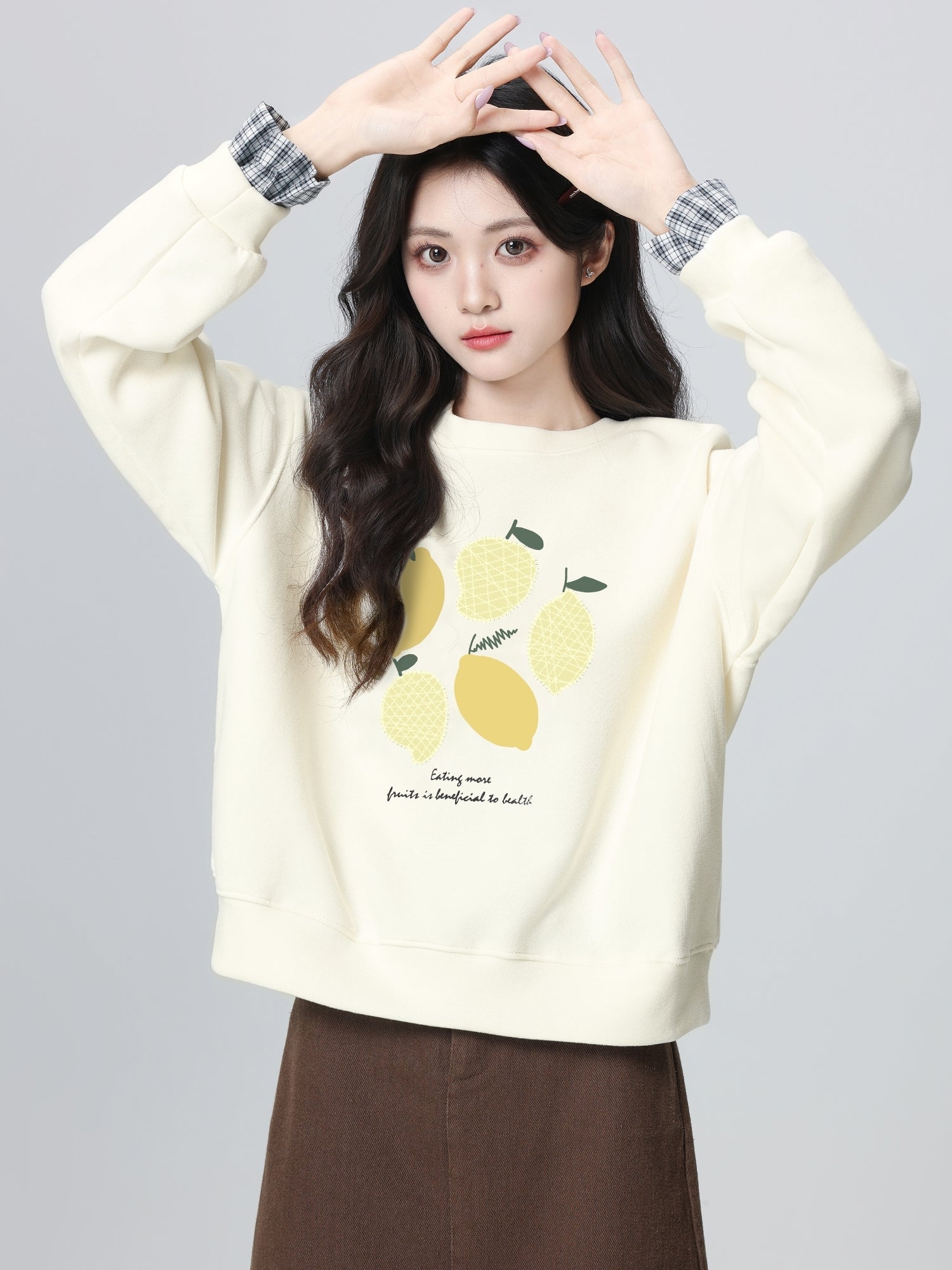 Plaid Trim Sleeve Crewneck Lemon Pullover Sweatshirt