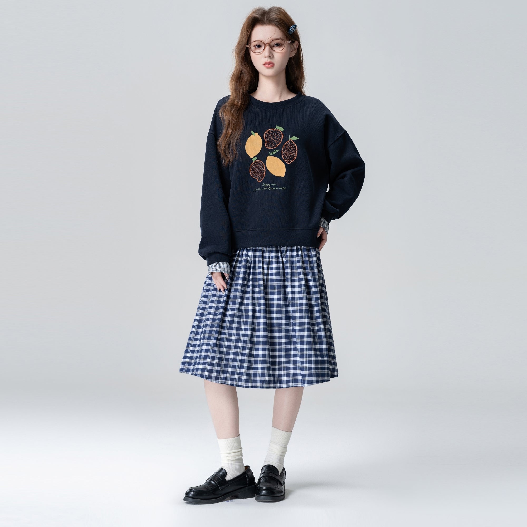 Plaid Trim Sleeve Crewneck Lemon Pullover Sweatshirt