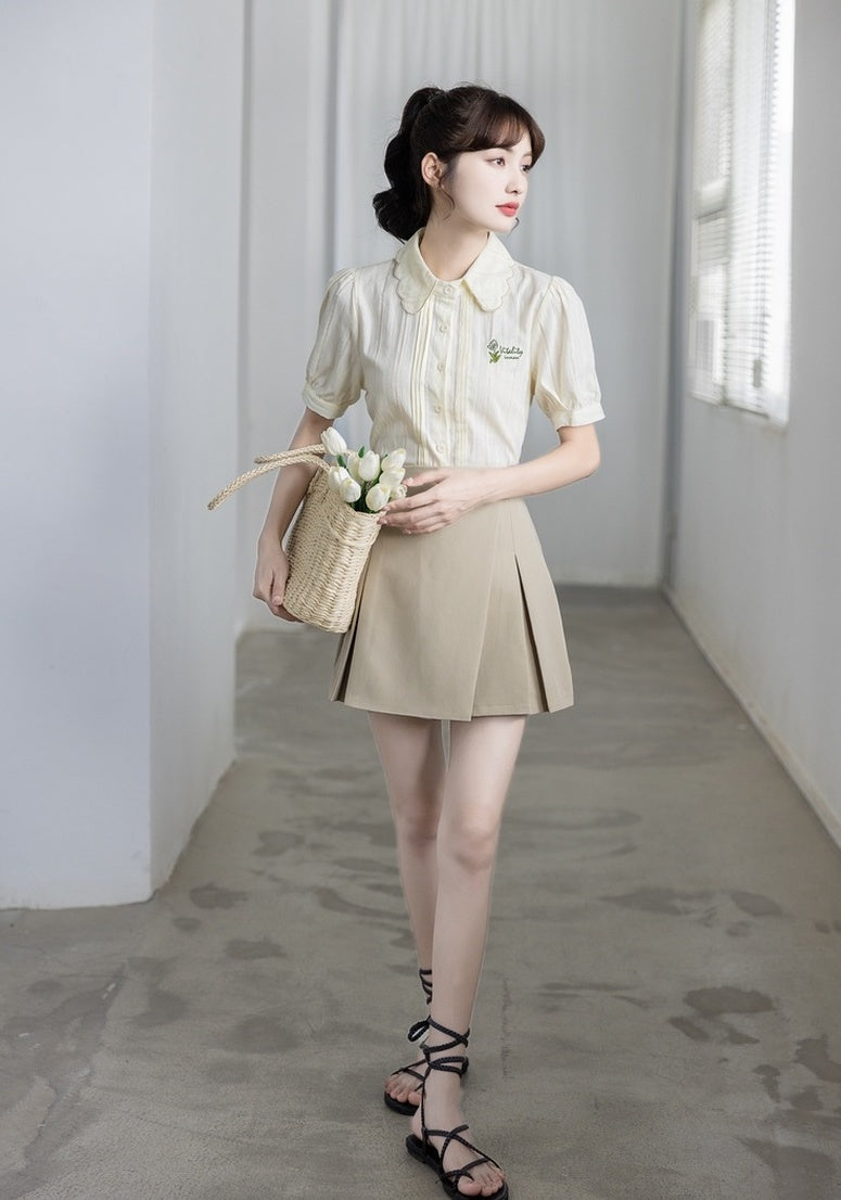 Embroidered Puff Sleeve Chiffon Blouse