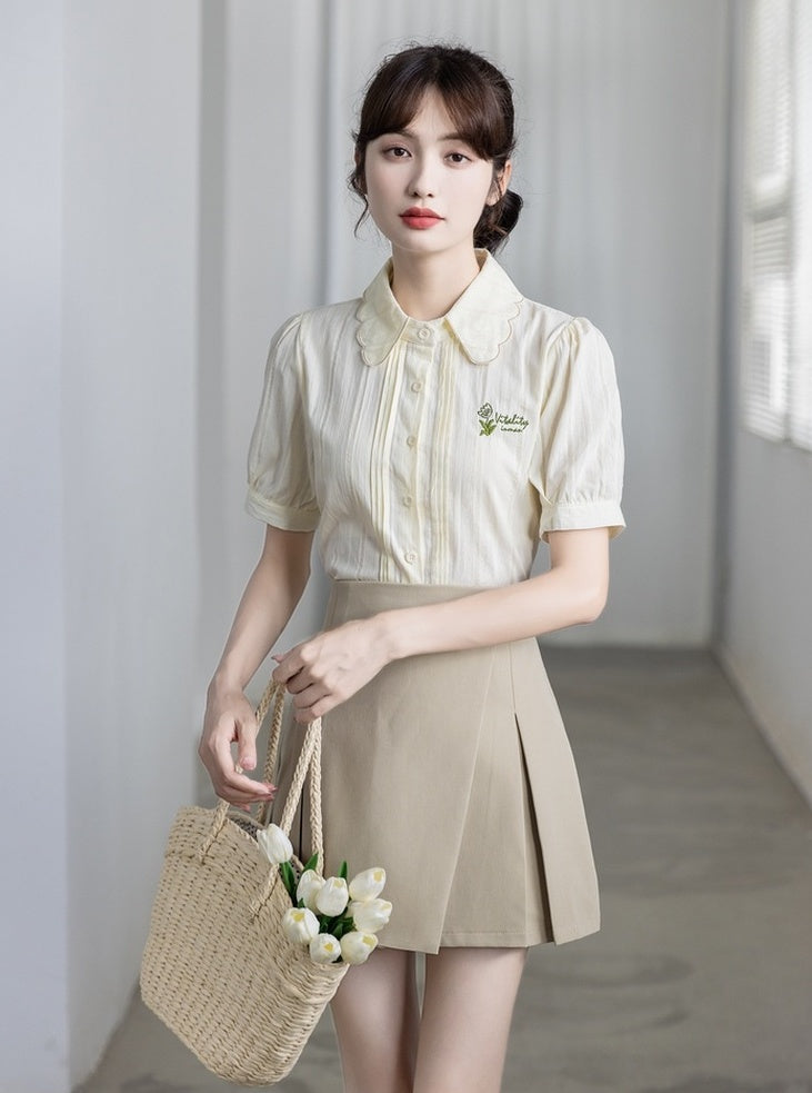 Embroidered Puff Sleeve Chiffon Blouse