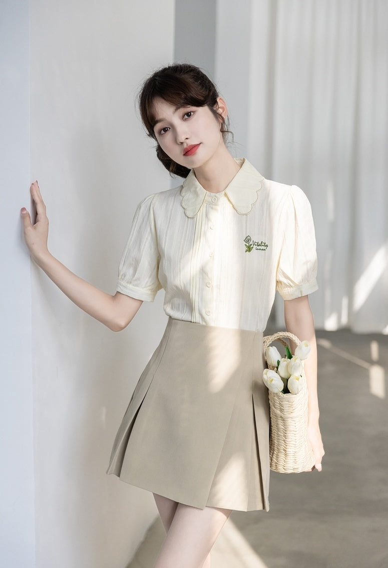 Embroidered Puff Sleeve Chiffon Blouse
