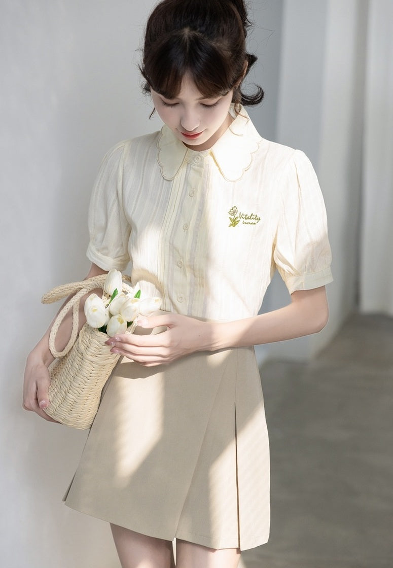 Embroidered Puff Sleeve Chiffon Blouse