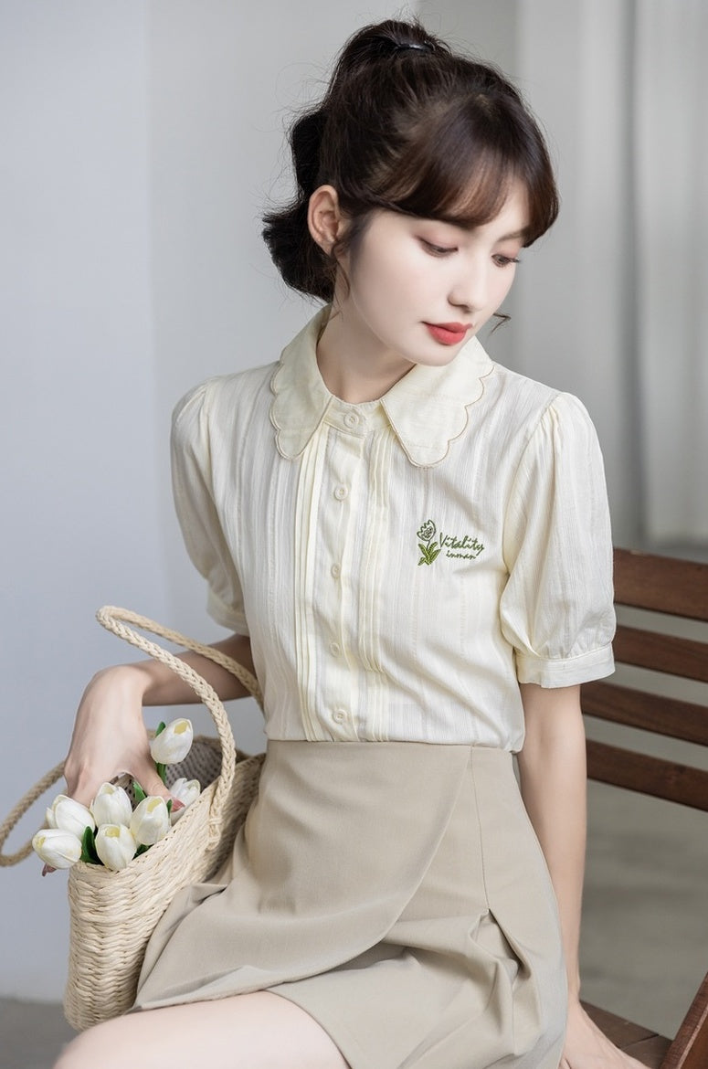 Embroidered Puff Sleeve Chiffon Blouse