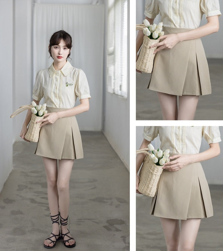 Embroidered Puff Sleeve Chiffon Blouse