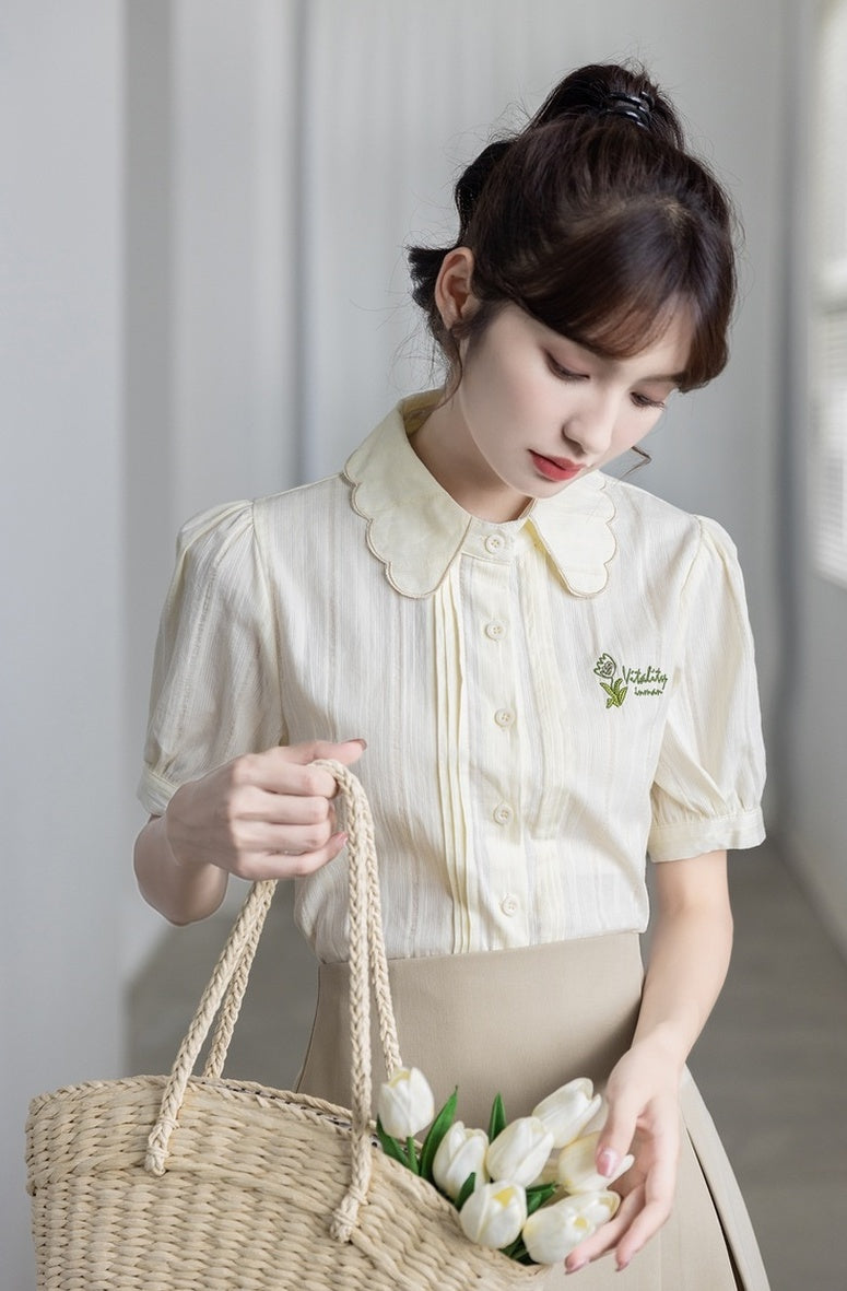 Embroidered Puff Sleeve Chiffon Blouse