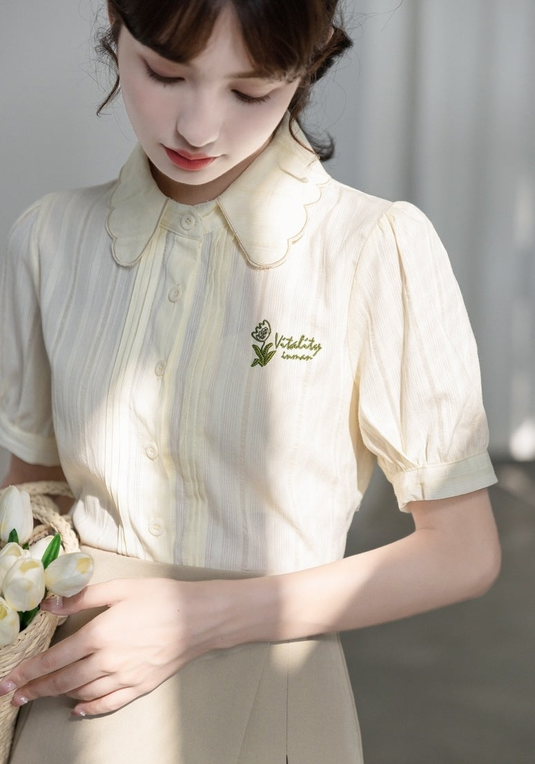 Embroidered Puff Sleeve Chiffon Blouse