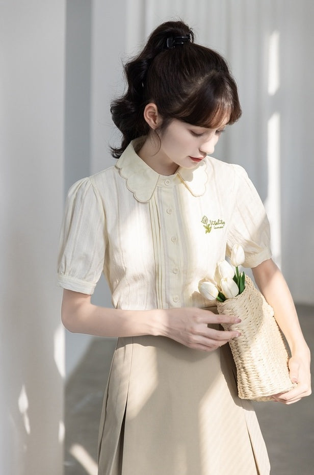 Embroidered Puff Sleeve Chiffon Blouse