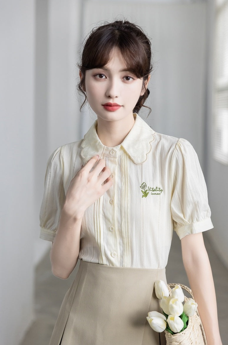 Embroidered Puff Sleeve Chiffon Blouse