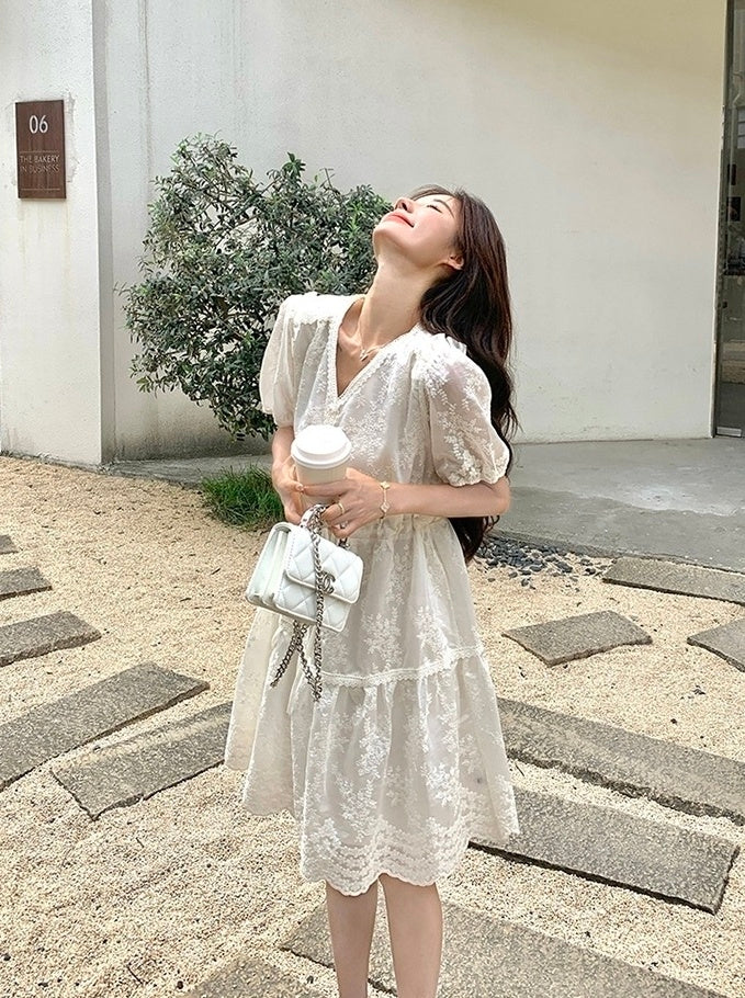 Embroidered Puff Sleeve V Neck A Line Dress
