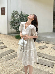 Embroidered Puff Sleeve V Neck A Line Dress