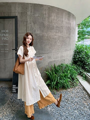 Embroidered Relaxed Fit Shirt Dress And Wide Leg Pants Set