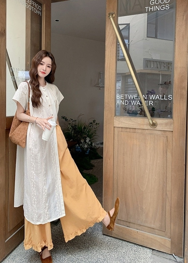 Embroidered Relaxed Fit Shirt Dress And Wide Leg Pants Set