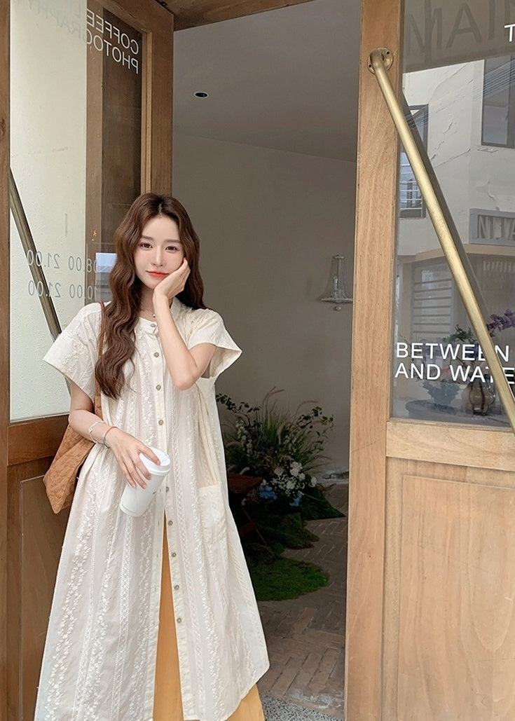 Embroidered Relaxed Fit Shirt Dress And Wide Leg Pants Set