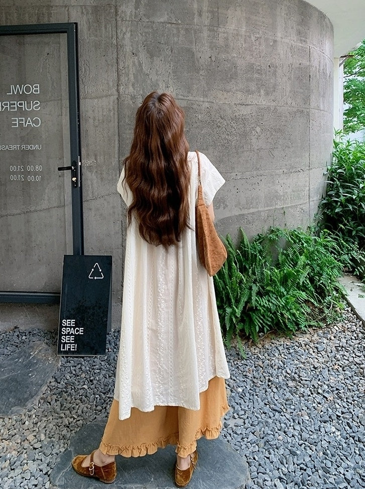 Embroidered Relaxed Fit Shirt Dress And Wide Leg Pants Set