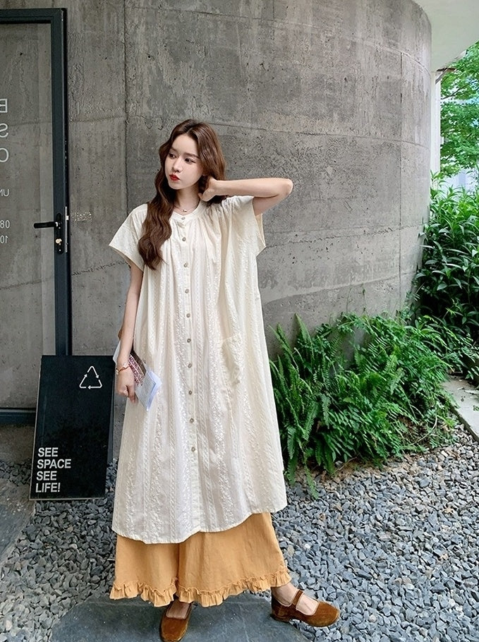 Embroidered Relaxed Fit Shirt Dress And Wide Leg Pants Set