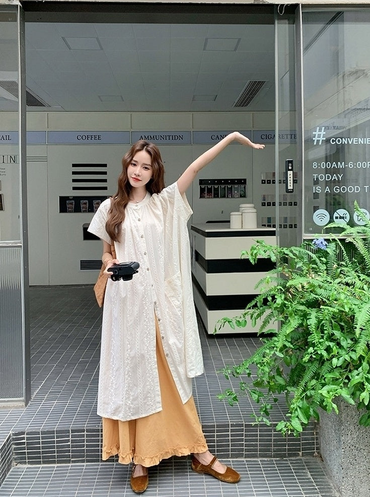 Embroidered Relaxed Fit Shirt Dress And Wide Leg Pants Set