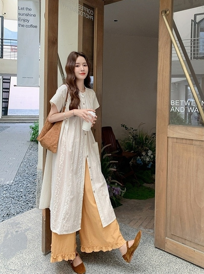 Embroidered Relaxed Fit Shirt Dress And Wide Leg Pants Set