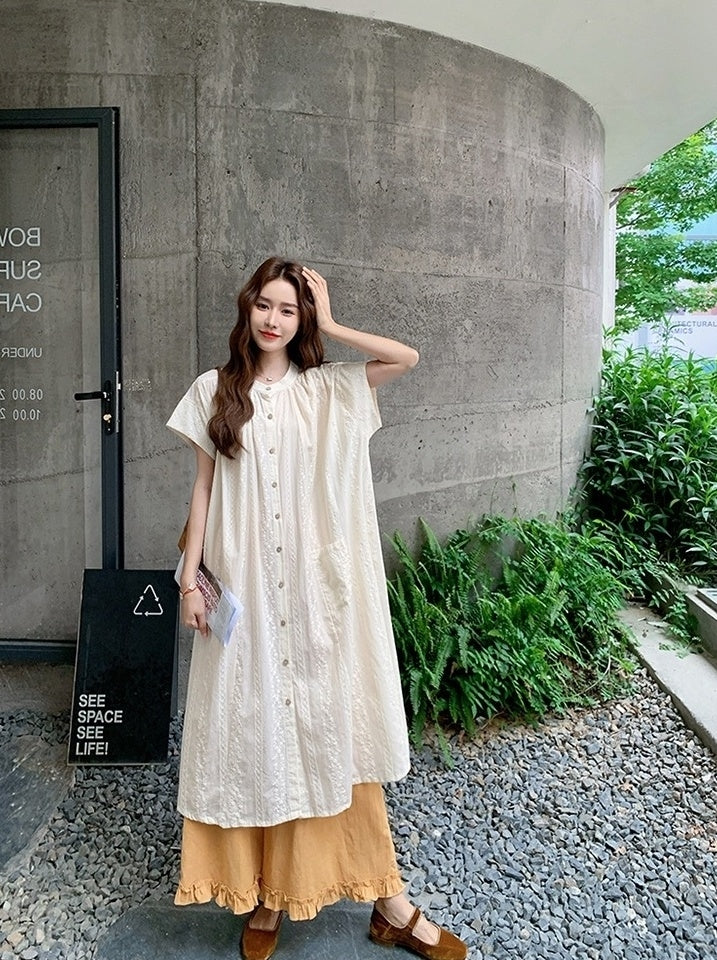 Embroidered Relaxed Fit Shirt Dress And Wide Leg Pants Set