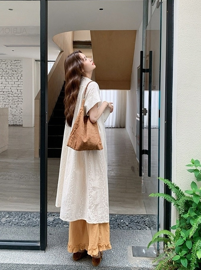 Embroidered Relaxed Fit Shirt Dress And Wide Leg Pants Set