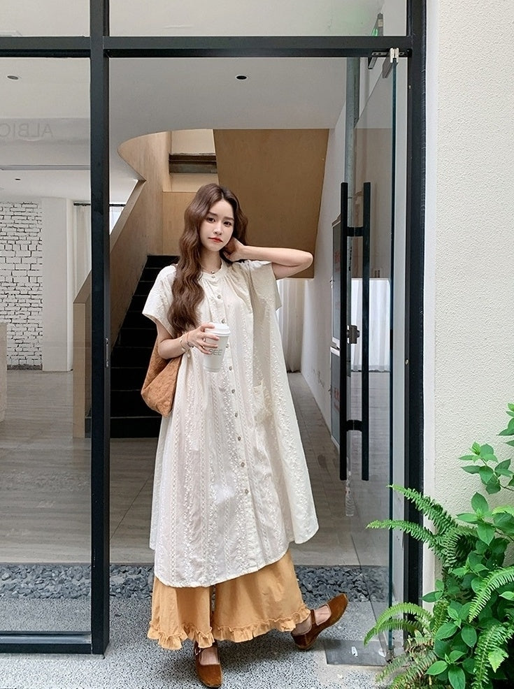 Embroidered Relaxed Fit Shirt Dress And Wide Leg Pants Set